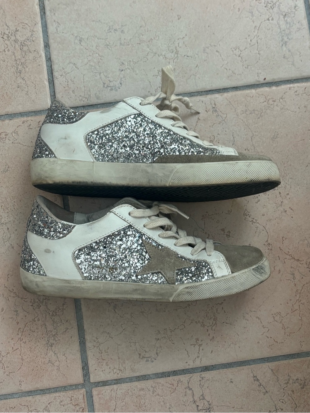 Golden Goose Beige Suede Sneakers with Silver Glitter Star 37